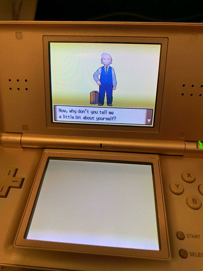 Old Nintendo DS handheld showing a game screen with a character asking to share information, venting online frustration theme.