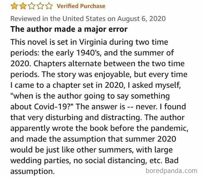 Screenshot of a funny and ridiculous 1-star book review pointing out a major error about pandemic assumptions.