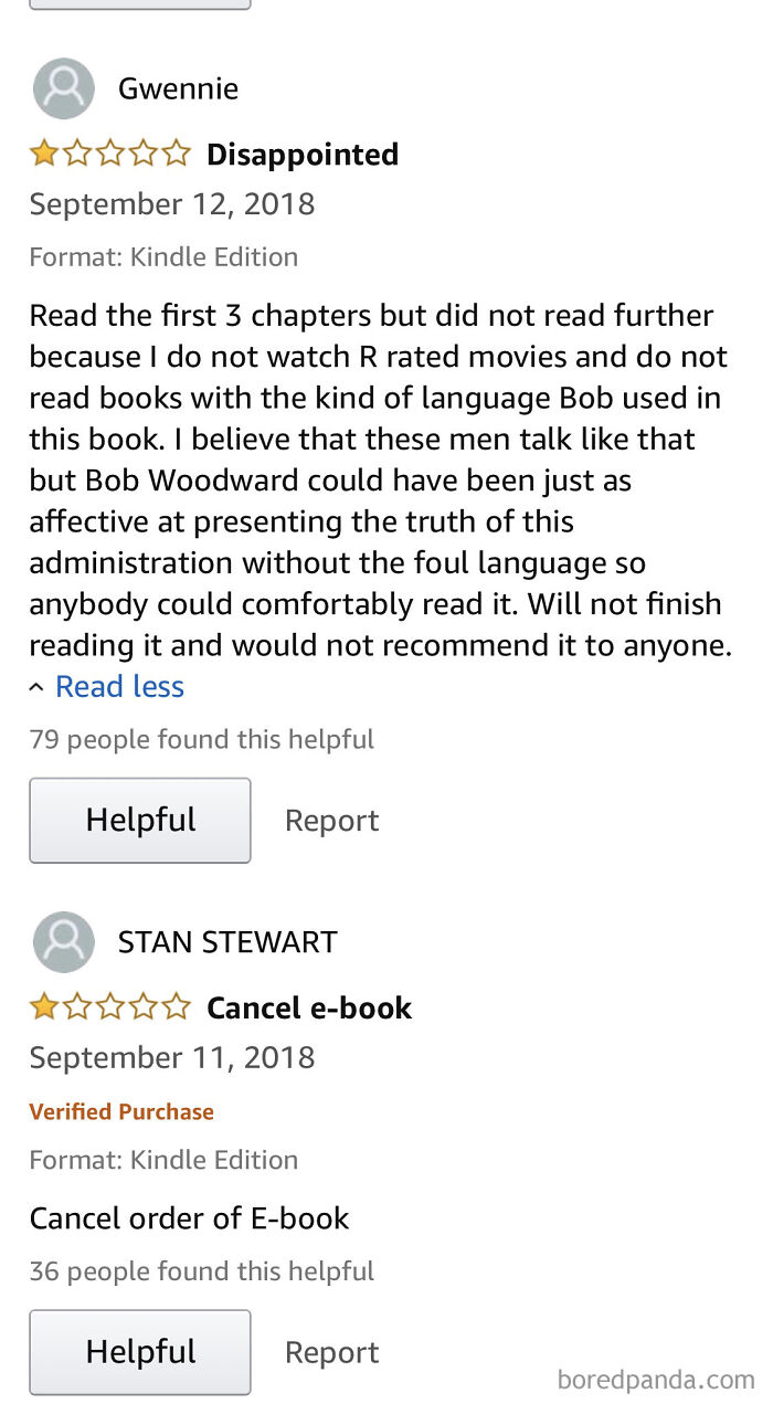 Funny and ridiculous 1-star reviews showing customer disappointment with e-books in Kindle format on an online platform.