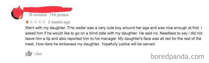 Funny and ridiculous 1-star review about a waiter rejecting a blind date request with a customer’s daughter.