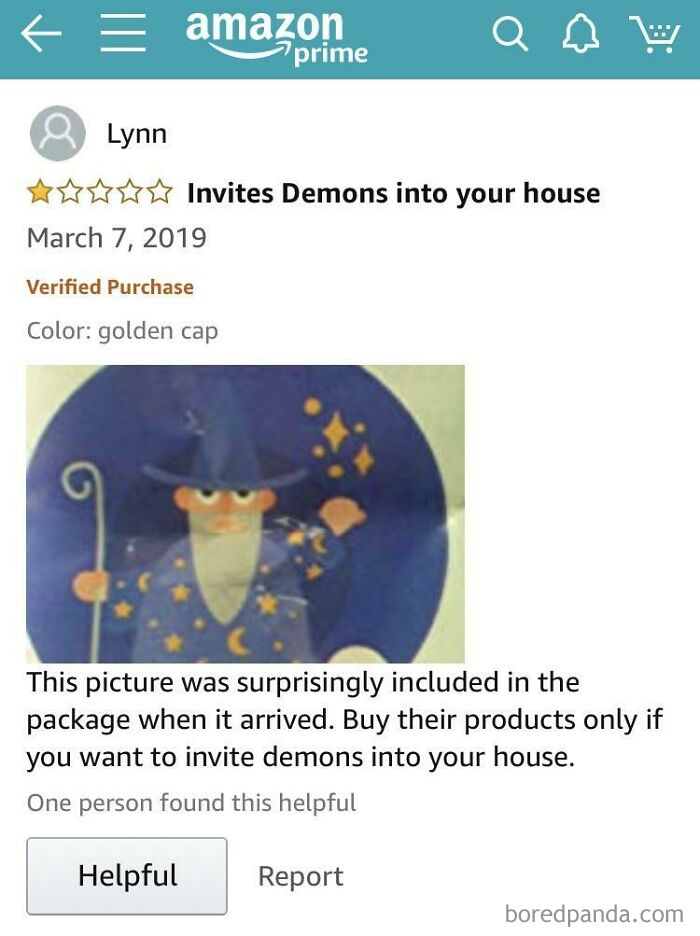 Amazon 1-star review humorously warning about inviting demons with a wizard image, showcasing funny and ridiculous reviews.
