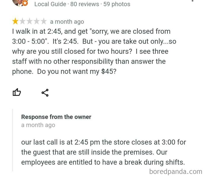 Funny and ridiculous 1-star review complaining about store hours and staff break times with owner response included.