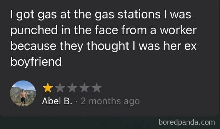Funny and ridiculous 1-star review describing a gas station incident where a worker mistakenly punched a customer.