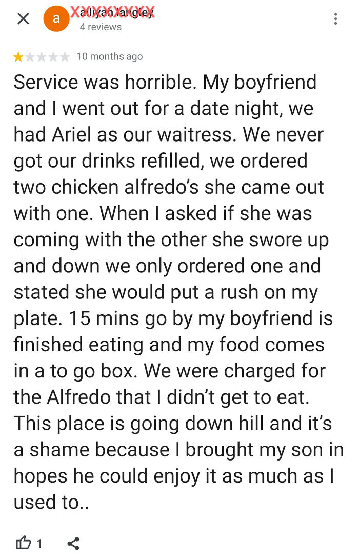 One-star review with a funny and ridiculous complaint about poor service and incorrect food order.
