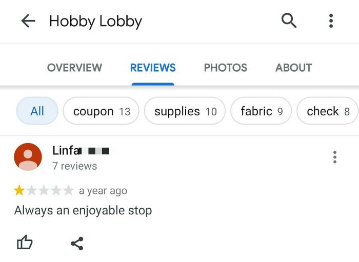 Hobby Lobby Google review page showing a funny 1-star review that says Always an enjoyable stop.