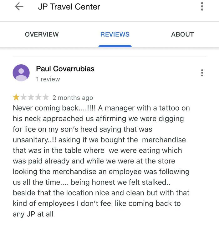 One-star review with funny and ridiculous complaints about employee behavior at JP Travel Center.