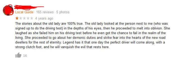 Funny and ridiculous 1-star review humorously describing a driving test failure with vivid storytelling and strong community reactions.