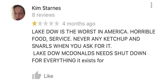 Screenshot of a funny and ridiculous 1-star review complaining about food and service at Lake Dow McDonalds.