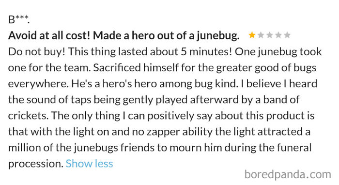 Funny and ridiculous 1-star review about a bug zapper that attracted junebugs instead of k*****g them.