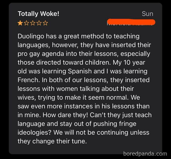 Funny and ridiculous 1-star review criticizing Duolingo for including LGBTQ topics in language lessons for children.