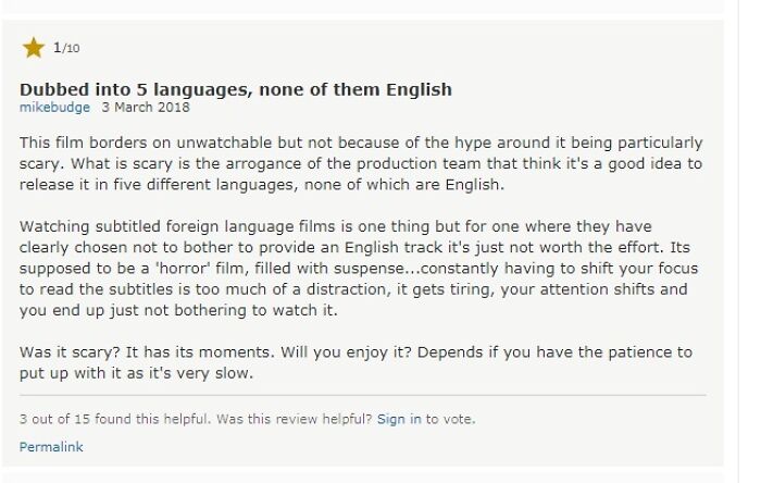 Screenshot of a funny 1-star review criticizing a film dubbed in five non-English languages.