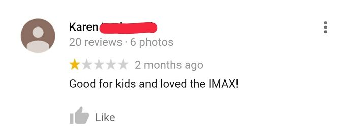 Screenshot of a funny 1-star review praising a kid-friendly IMAX experience, part of ridiculous reviews collection.