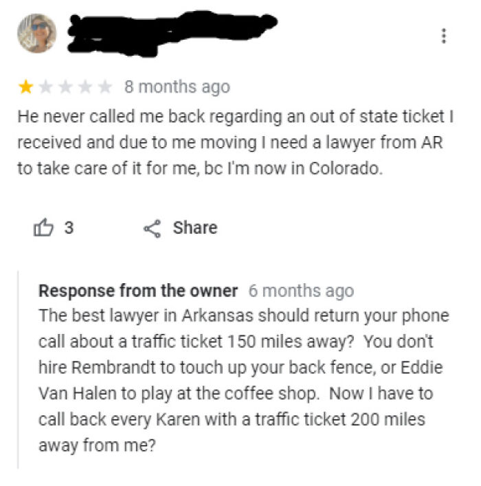 1-star review humor with a lawyer refusing out-of-state traffic ticket calls in a funny and ridiculous business response.