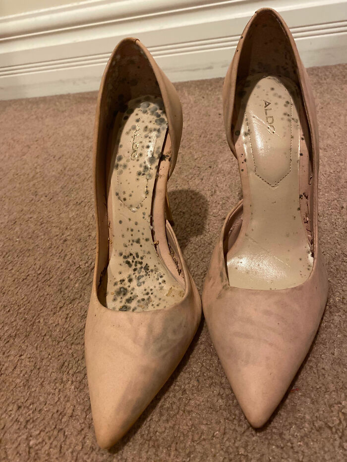 Pair of beige high heels with mold spots inside one shoe, showing frustration with family members in a vent online post.