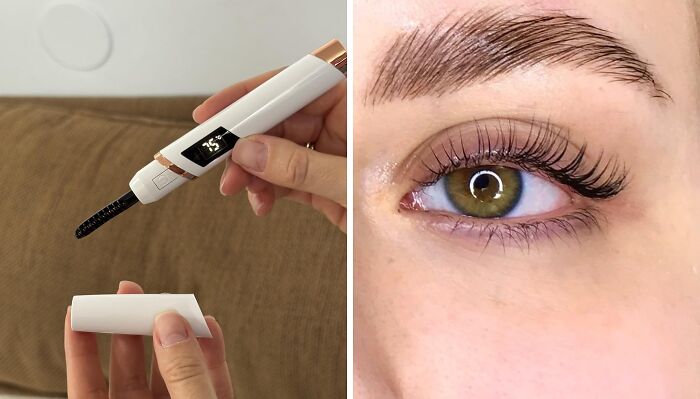 Heated eyelash curler held near hand alongside close-up of eye with curled lashes, showcasing viral products trending on TikTok.