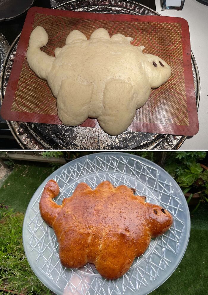 Dinosaur-shaped baked goods showing before and after baking, highlighting creative and gorgeous baked goods artistry.