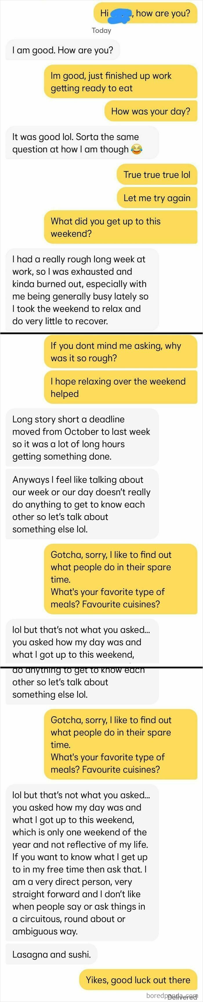 Text conversation showing a woman’s direct and defensive messages, illustrating delusional and crazy behavior called out online.