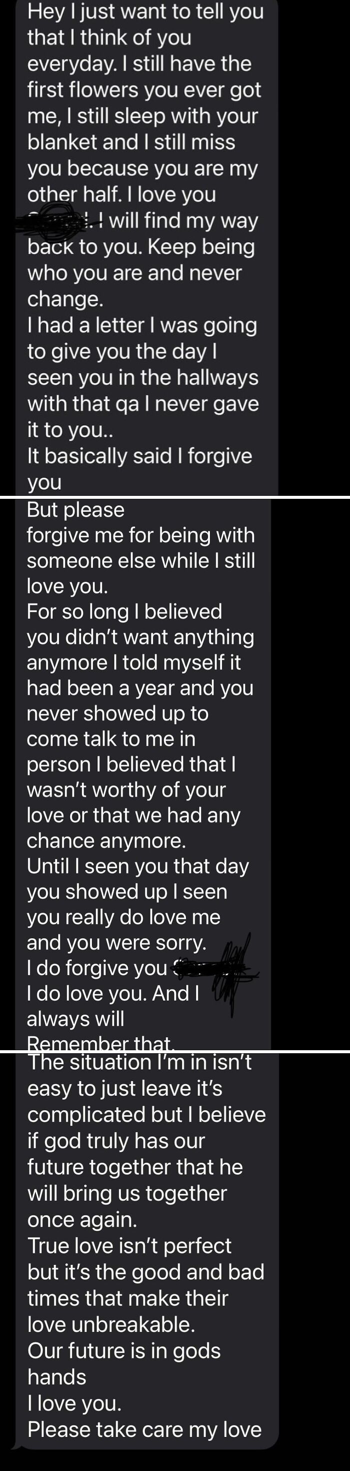 Screenshot of a lengthy emotional message showcasing delusional and crazy behavior from a woman called out online.