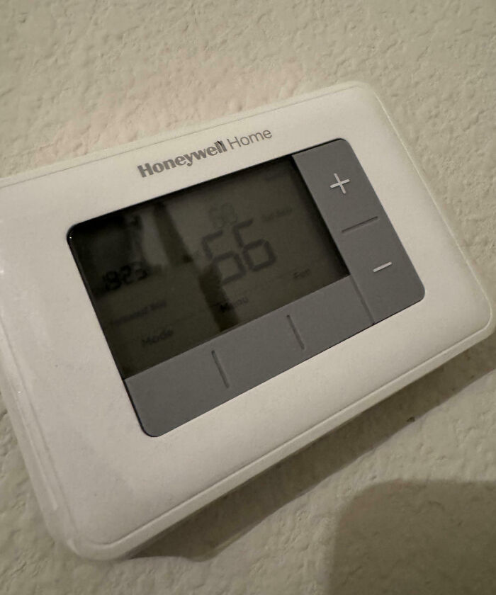 Honeywell Home thermostat set to 66 degrees on textured wall, illustrating family frustration shared in online venting posts.