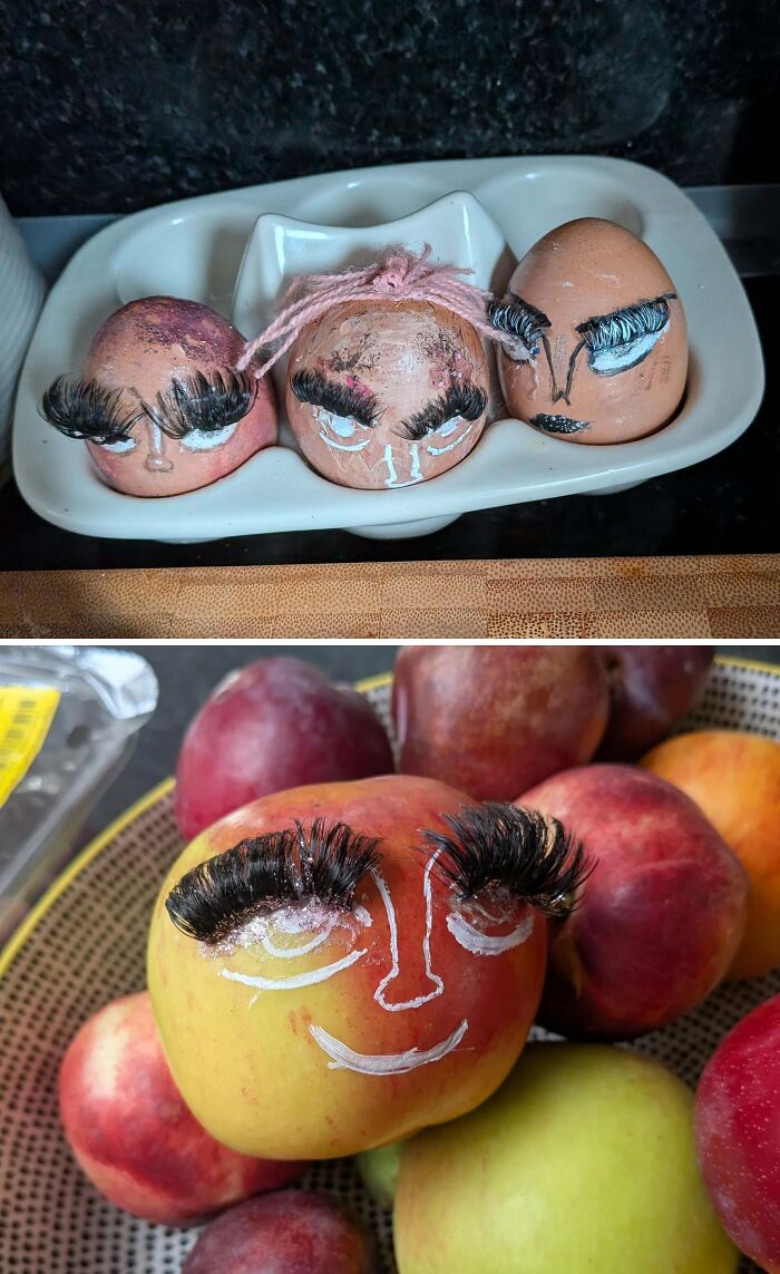 Eggs and an apple with drawn faces and fake eyelashes, a humorous family venting moment online.