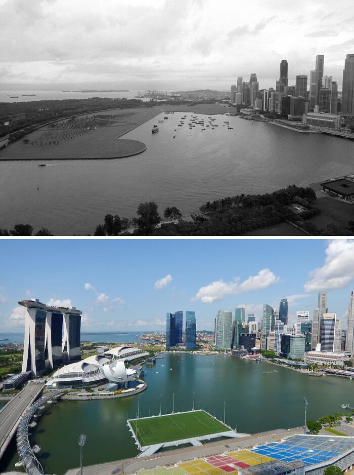 Then vs now photos of famous cities showing dramatic urban glow-ups with modern skyscrapers and waterfront developments.