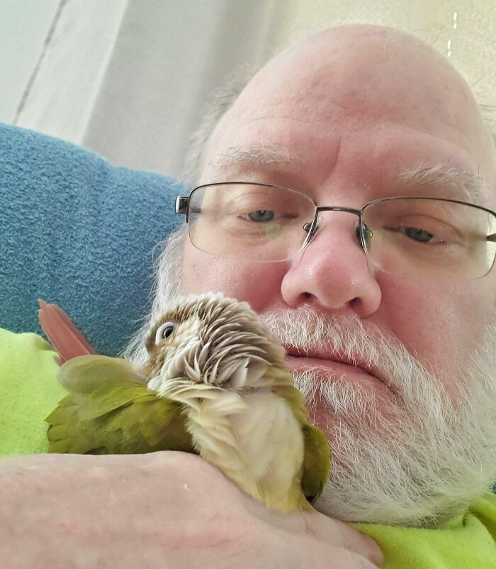 Man holding a green pet bird close to his face, showing moments of personal space loss with a new pet.