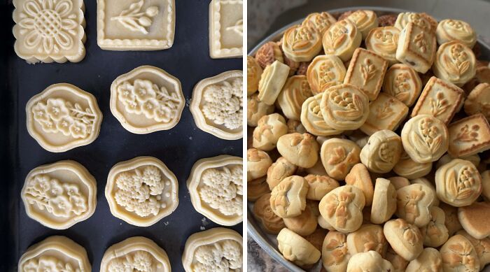 Unbaked and baked decorative cookies with intricate floral patterns showcasing gorgeous baked goods craftsmanship.