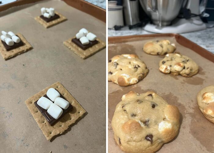 Baked goods featuring chocolate chip cookies with marshmallows and graham cracker s’mores on a baking tray.