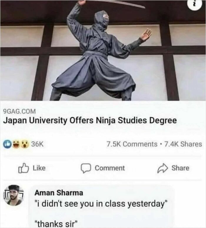 Ninja in traditional outfit poses inside building with humorous educational meme about ninja studies degree.