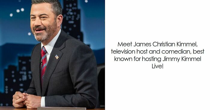Jimmy Kimmel hosting on a late-night set, wearing a dark suit and striped tie during a television show segment.