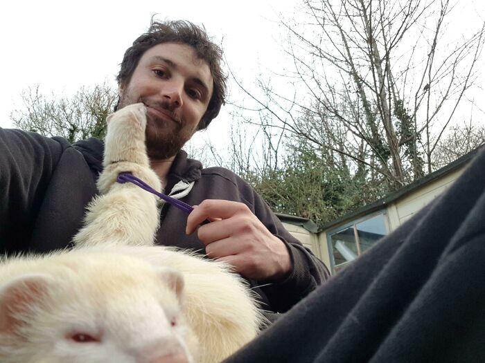 Man taking a selfie outdoors with two ferrets, showcasing animals who can take a better selfie than you.