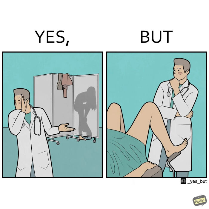 Yes, But comic showing a doctor humorously reacting to unexpected exam room shadow in a modern life illustration.