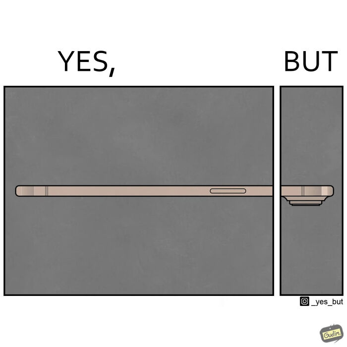 Minimalist comic showing side view of a slim smartphone extending under funny yes but comics about modern life.