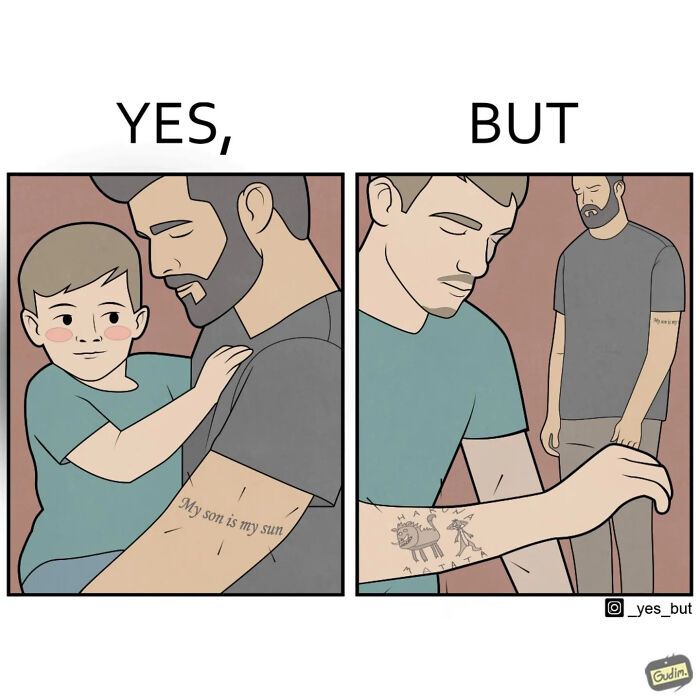 Father and son in a funny yes but comic illustrating modern life’s strangeness with tattoos and emotions.