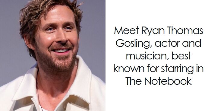 Ryan Gosling smiling at an event, wearing a white jacket, known for his acting and music career highlights.