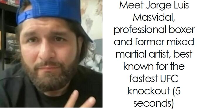 Jorge Masvidal wearing a blue cap backwards, speaking about his bio and career highlights as a UFC fighter.