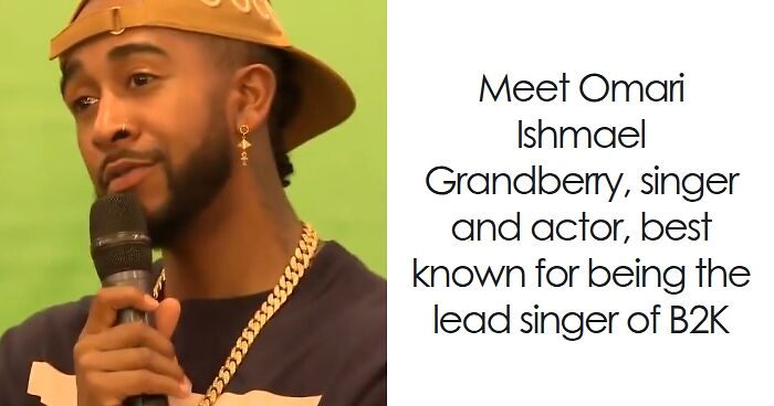 Omarion speaking into microphone wearing a yellow cap and gold chain, highlighting his bio and career highlights.