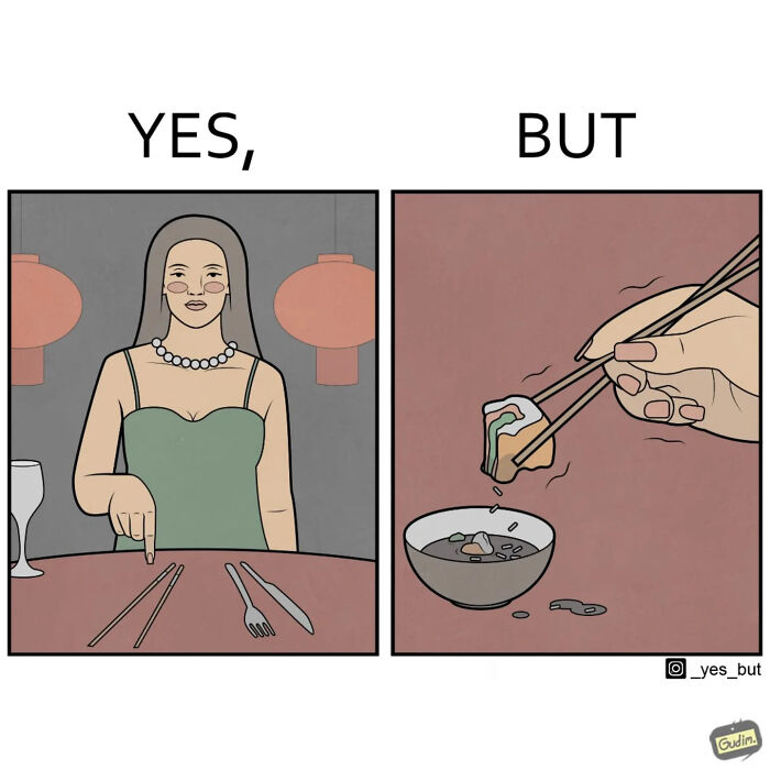 Woman at dinner table saying yes but using chopsticks to dip sushi in sauce in a funny yes but comic about modern life.