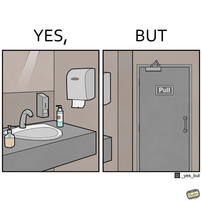 Funny yes, but comic panels showing a sink and a door with a pull sign illustrating modern life's strangeness.