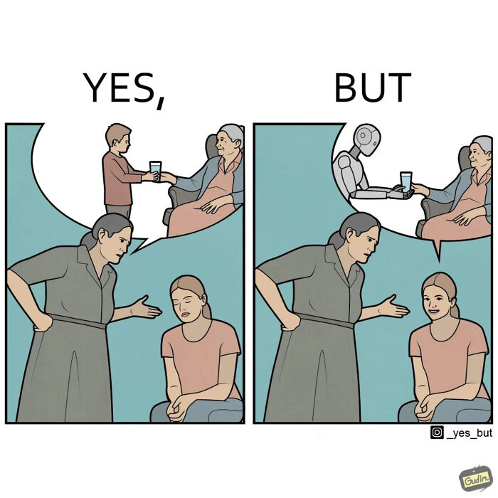 Yes, but comic panels showing a woman imagining different scenarios while talking to a seated girl about modern life’s strangeness.