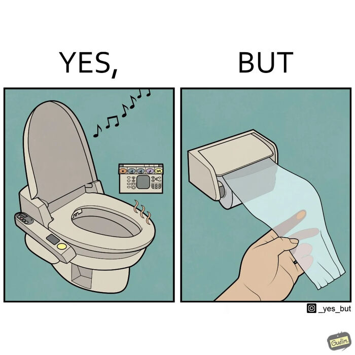 Funny Yes But comic illustrating a high-tech toilet with music versus awkward toilet paper usage in modern life.