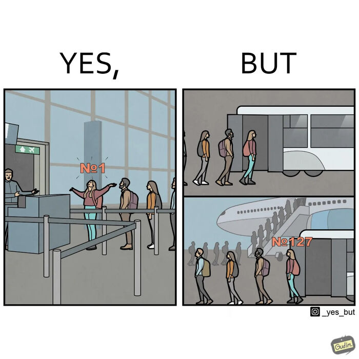 Funny Yes But comic showing contrast between being first in line and long queues at modern travel spots.