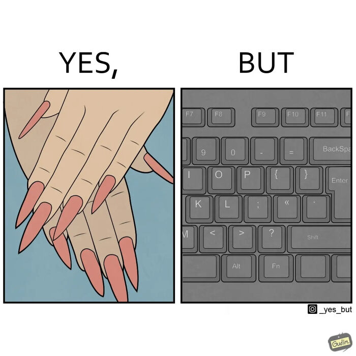 Funny Yes But comic panel showing long manicured nails contrasted with a close-up of a keyboard keys.