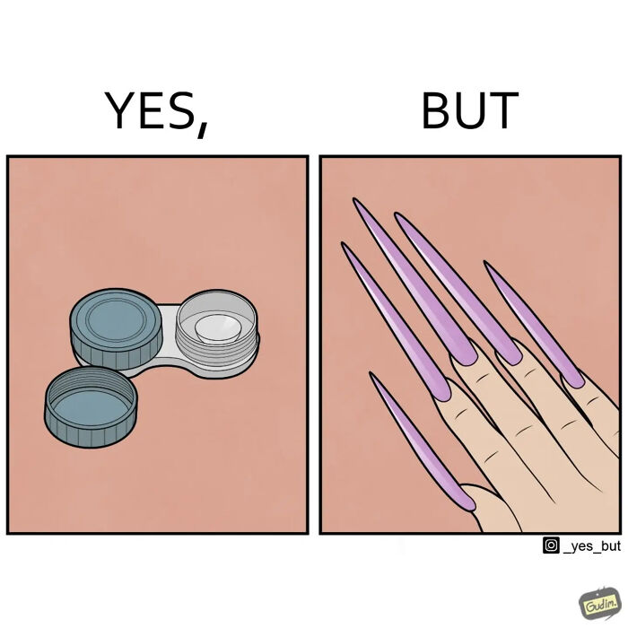 Comic from Yes But series showing a contact lens case and a hand with long purple nails, highlighting modern life’s strangeness.