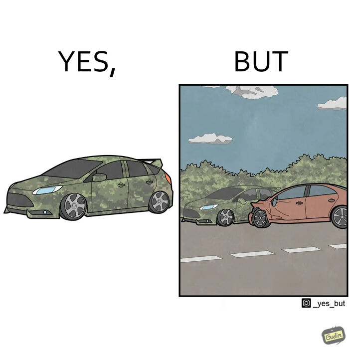 Funny Yes But comic strip showing a camo car before and after a collision with another car on a road.