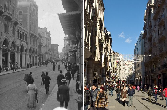 Split image showing then vs now photos of a famous city street illustrating urban glow-ups over time.