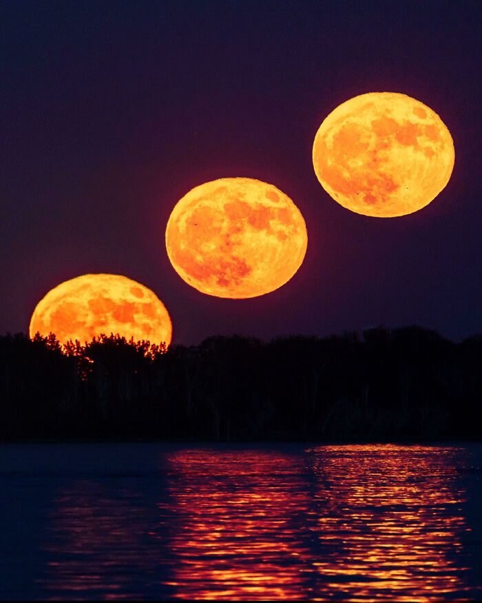 Three large orange full moons rising over a forest with reflections on water, showing our world from a different perspective.