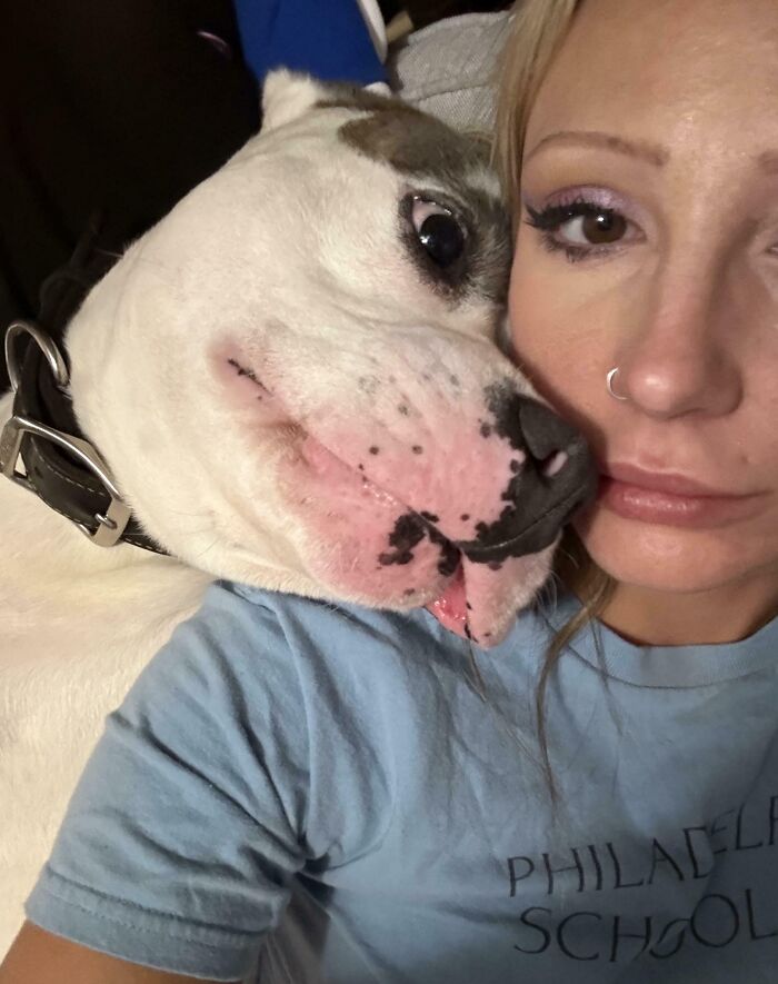 Woman wearing a blue shirt cuddles closely with a large white dog, showing moments of pet personal space challenges.
