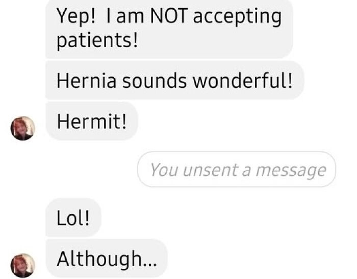 Text message conversation showing autocorrect errors with words like hernia changed to hermit, illustrating autocorrect betrayals.