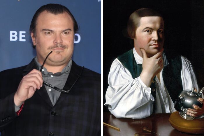 Jack Black holding glasses on left, side-by-side with historical figure painting, highlighting celebrity lookalikes from the past.